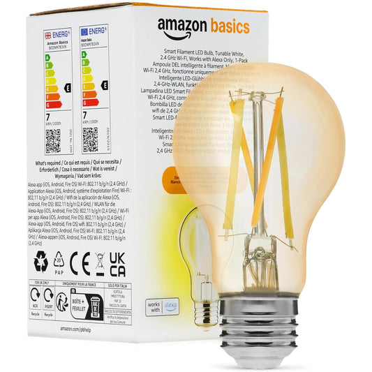 263723 - AMAZON BASICS LLAMBË ME FILAMENT LED INTELIGJENTE A60, TONE TË BARDHA TË RREGULLUESHME, WI-FI 2.4 GHZ, FUNKSIONON VETËM ME ALEXA, 1 PAKO, KLASA E ENERGJISË E