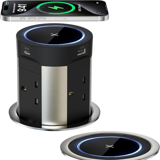 188683 - SEWINGVR Prizë e Fshehur 9-në-1, me 4 Priza, Karikim pa Tel 15W, Shirit Rryme me 2 Porta USB-C PD 75W, Diametër 100mm, Kabllë 1.8m, për Banak, Zyrë, Kuzhinë, e Zezë