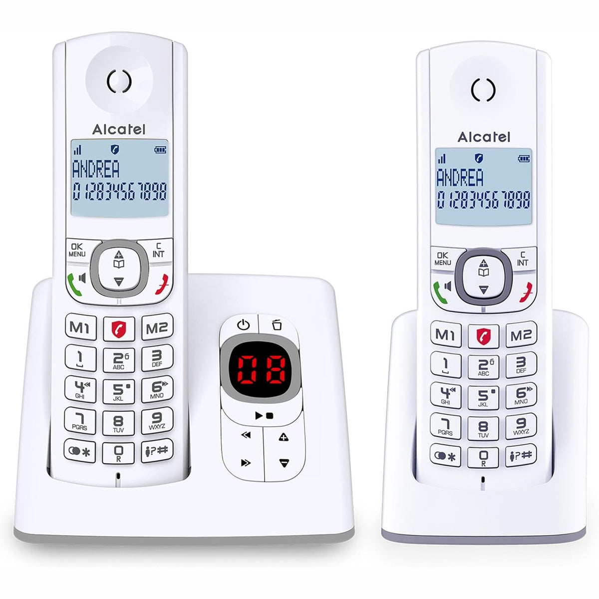 299313 - ALCATEL F530 Voice Duo Telefon pa tel DECT, Sekretari telefonike, Ekran i madh me ndriçim nga prapa, Pa duar, Funksion bllokimi thirrjesh, 2 taste thirrjeje të shpejta, 2 aparate, E bardhë/Gri