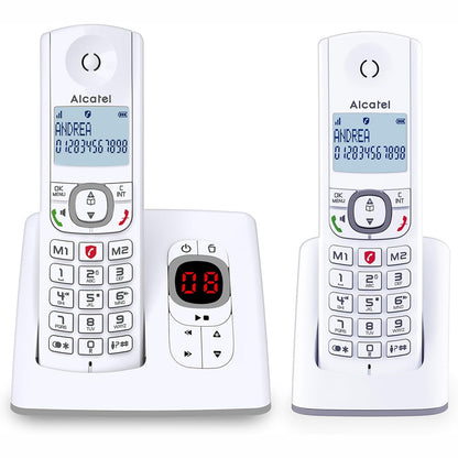 299313 - ALCATEL F530 Voice Duo Telefon pa tel DECT, Sekretari telefonike, Ekran i madh me ndriçim nga prapa, Pa duar, Funksion bllokimi thirrjesh, 2 taste thirrjeje të shpejta, 2 aparate, E bardhë/Gri