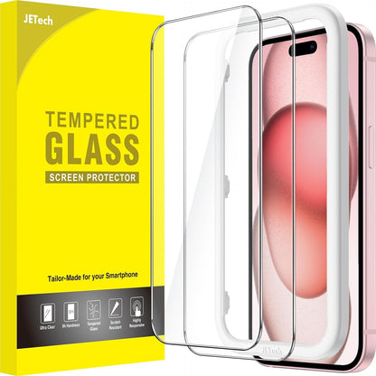 274706 - JETech Mbrojtës Ekrani për iPhone 15 6.1 inç, pa flluska, xham i temperuar, me kornizë të lehtë instalimi, HD transparent, pako me 2 copë