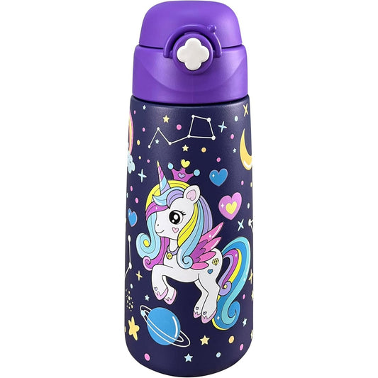 137279 - NJËBRIRËSH-P Shishe uji e izoluar prej çeliku inox për fëmijë, kapaciteti 500 ml, pa BPA, kashtë - e papërshkueshme nga rrjedhjet, e përshtatshme për shkollë dhe parashkollore