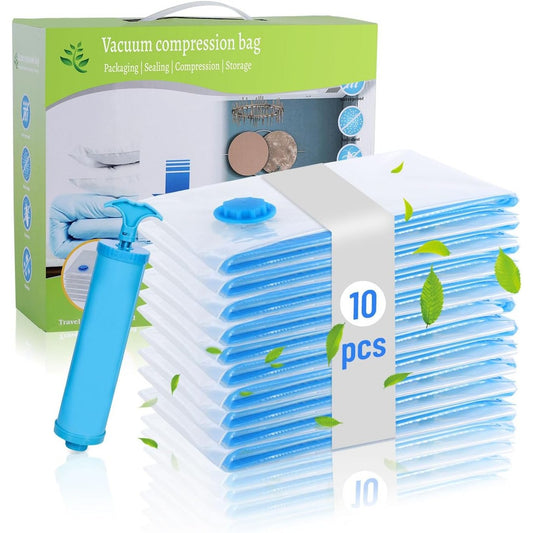 137363 - CHUNER - Set prej 10 Qese Fshese me Vakum, Madhësia 80x60cm, me Valvulë Hermetike dhe Pompë Dorë, pa BPA, Për Ruajtje dhe Kursim të 80% Hapësirë, Ripërdorshme