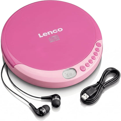 268183 - LENCO CD-011PK CD player portativ, funksion karikimi baterie, ekran LCD, me kufje dhe kabllo karikimi Micro-USB - rozë