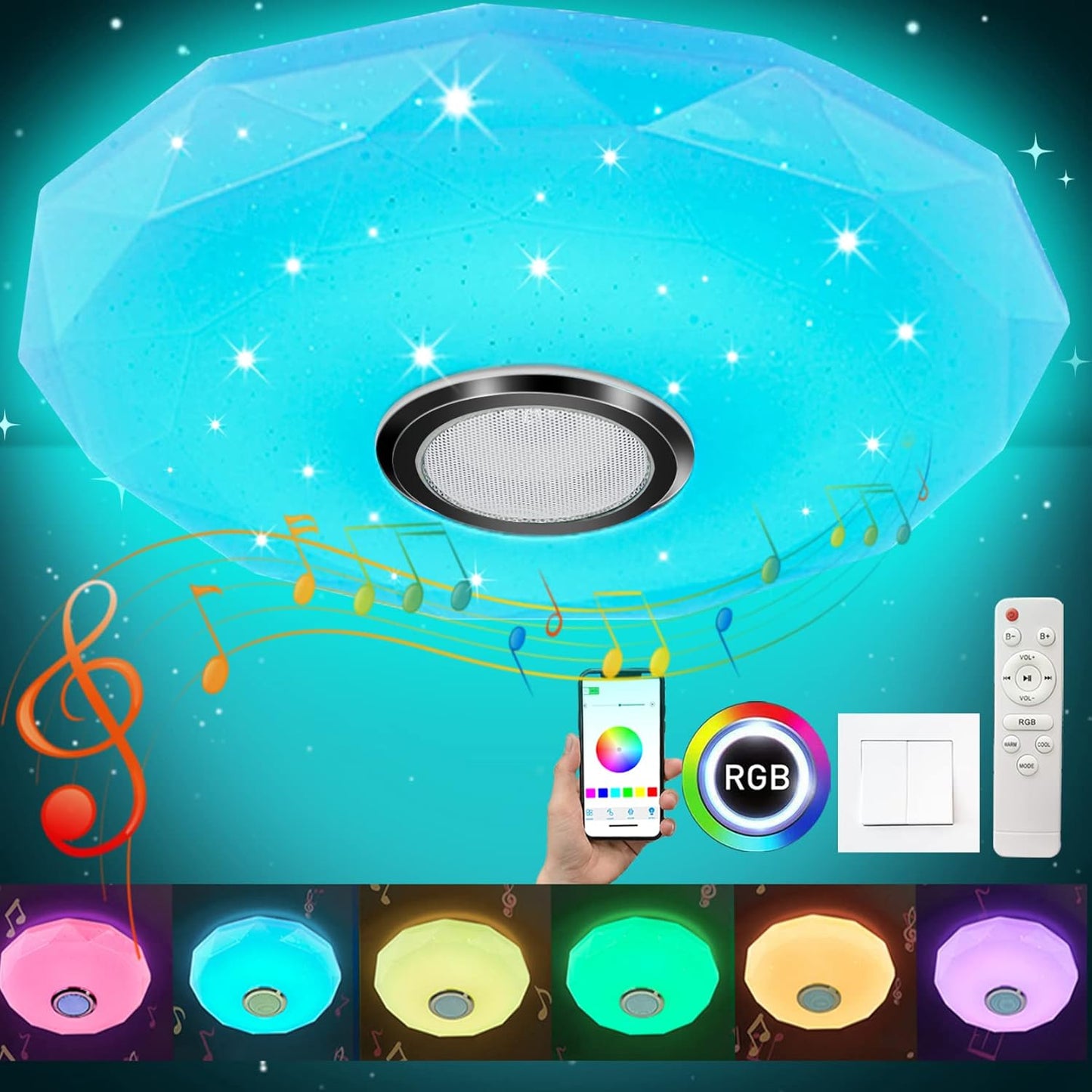 209473 - DANLERS Dritë e Tavanit LED 30W me Altoparlant Bluetooth, Errësues, Telekomandë dhe Aplikacion, Ndryshim i Ngjyrës RGB, Riprodhim i Muzikës, Për Dhomë Gjumi/Banjo/Ndenjeje, Dimensionet Ø 28cm