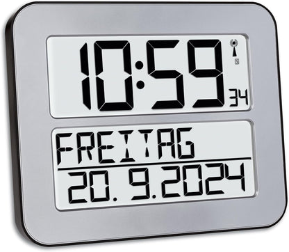 255633 - TFA DOSTMANN Orë muri me radio Timeline Max, 60.4512.54, dixhitale, 25.8 x 3 x 21.2 cm, argjendi, me funksion alarmi