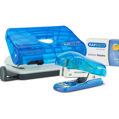 274333 - RAPESCO Set kapësesh për insekte Rapesco 1719 dhe shpuesesh me 2 vrima 810-P me 1000 kapëse 26/6 mm, blu transparente