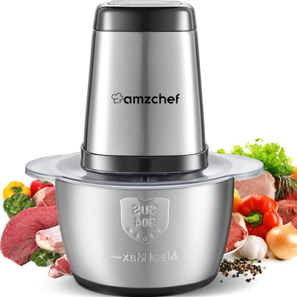 162419 - AMZCHEF Prerës Elektrik Ushqimi 500W, me Tas Çelik Inoks 1.5L dhe 4 Tehe të Mprehta, Shumëfunksional për Fruta, Perime, Mish, Erëza
