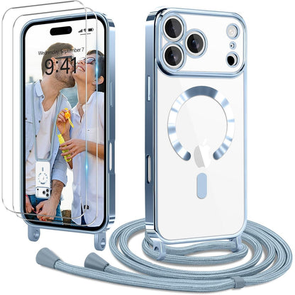 309129 - Mbështjellëse Ethanger për iPhone 17 Pro Max me kordon + 2 mbrojtëse ekrani prej qelqi të temperuar, blu