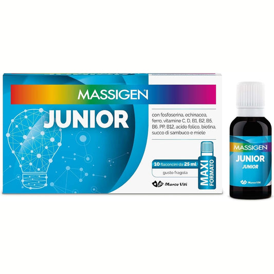 312008 - MASSIGEN - Junior Tonic, Shtesë Energjie me Shije Luleshtrydhe, Hekur dhe Vitaminë B, 10 Shishe 25 ml, Pa Gluten