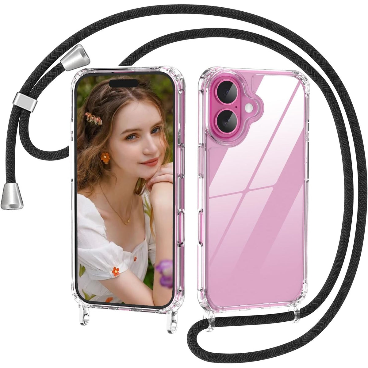 300194 - Nupcknn Mbrojtëse për iPhone 16 me litar, Mbrojtëse transparente kundër verdhimit, rezistente ndaj goditjeve me rrip të rregullueshëm për qafën, Mbrojtëse e plotë