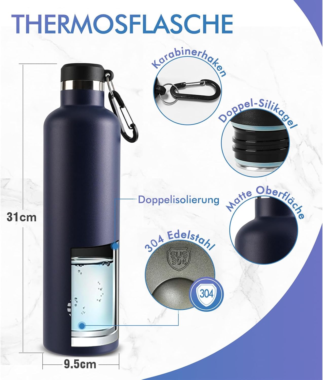 270157 - Shishe uji prej çeliku inox FJbottle 1000 ml e izoluar me vakum me 2 kapakë, shishe sportive pa BPA dhe e papërshkueshme nga rrjedhjet, termos me grep karabinier për sporte/jashtë ambienteve/kamping/fitnes/yoga/shkollë