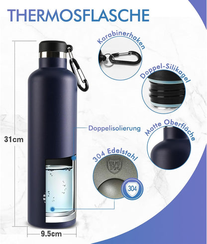 270157 - Shishe uji prej çeliku inox FJbottle 1000 ml e izoluar me vakum me 2 kapakë, shishe sportive pa BPA dhe e papërshkueshme nga rrjedhjet, termos me grep karabinier për sporte/jashtë ambienteve/kamping/fitnes/yoga/shkollë