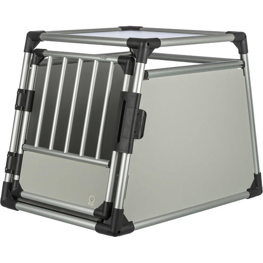 195011 - TRIXIE - Mbajtëse Qeni prej Alumini në Ngjyrë Argjendi, Madhësi M: 60 × 65 × 86 cm, i Qëndrueshëm dhe i Qetë, me Anët e Pjerrëta dhe Dyshek Jo-Rrëshqitës - Modeli 39342