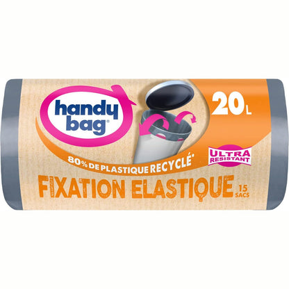 298916 - ÇANTË PRAKTIKE – 20L x 15 Qese elastike për mbeturina – Ultra e fortë – Fletë me tre shtresa – 100% plastikë e ricikluar