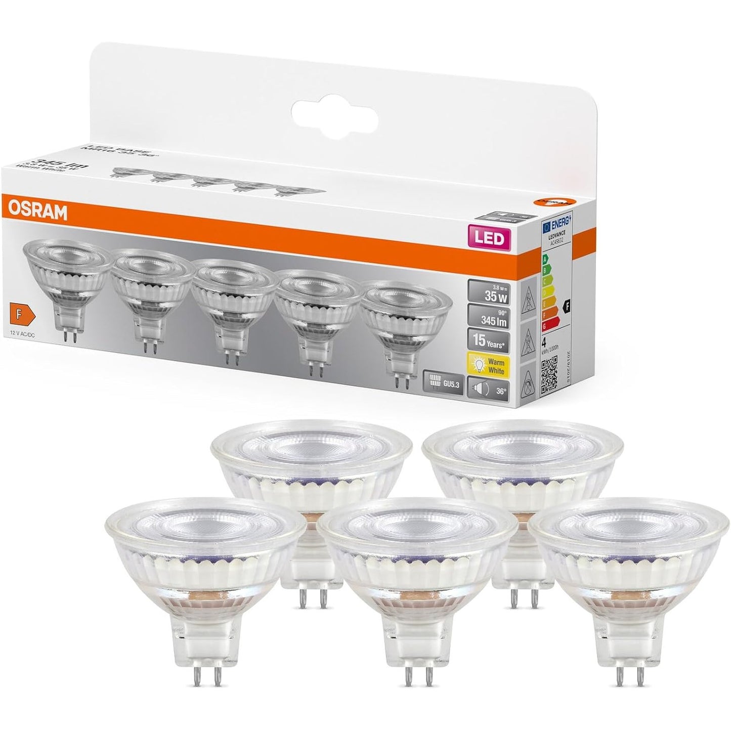 252117 - OSRAM - LED BASE MR16, pako me 5 llambash, zëvendëson llambat inkandeshente 35W, e bardhë e ngrohtë (2700K), 3.8W, bazë GU5.3, xham i akrilikuar