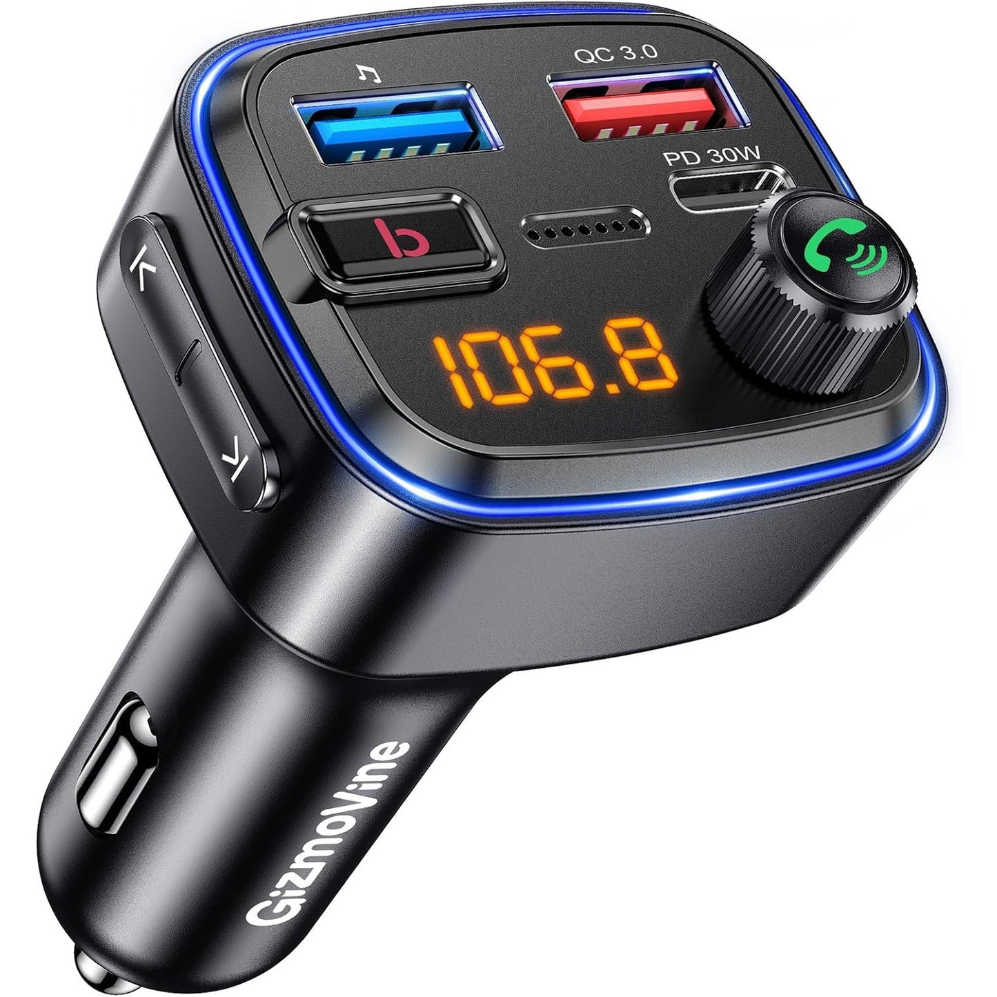 320399 - GIZMOVINE – Transmetues Bluetooth për Makinë, Transmetues FM për Muzikë, Set Telefoni pa Duart, Adaptor për Çakmak me Portë USB-C, 30W QC PD, Adaptor për Radio Makine, MP3 Player