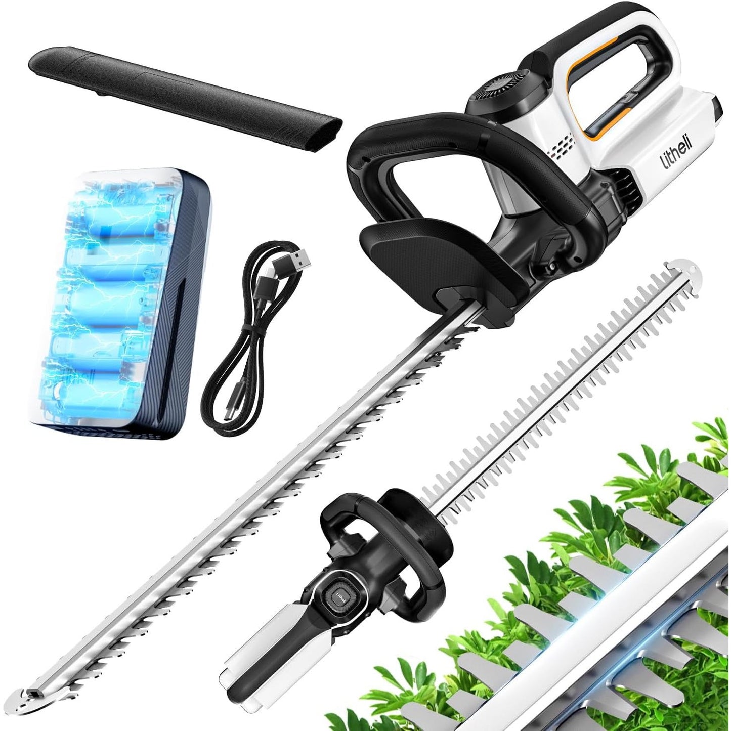 322255 - LITHELI Kositëse gardhesh pa tel, gjatësi tehu 56 cm, mbrojtëse tehu, dorezë ergonomike, bateri 2.0Ah, tehe çeliku të prera me lazer