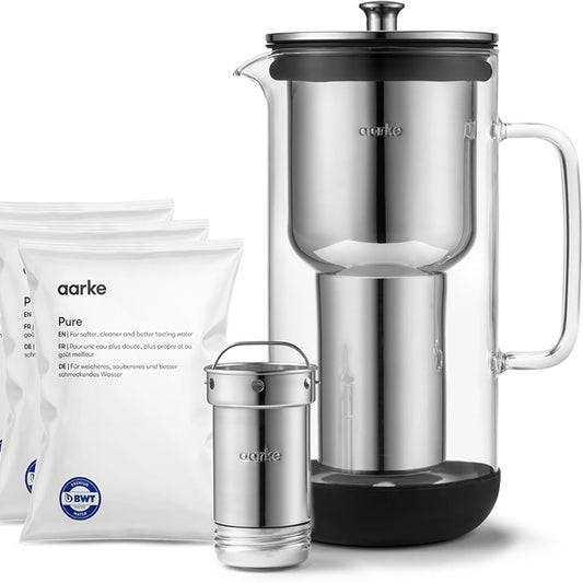 231042 - AARKE Pastrues, enë filtri uji prej qelqi dhe çeliku inox (2.4 L / 10 gota) + pako me 3 qese mbushëse Pure Filter