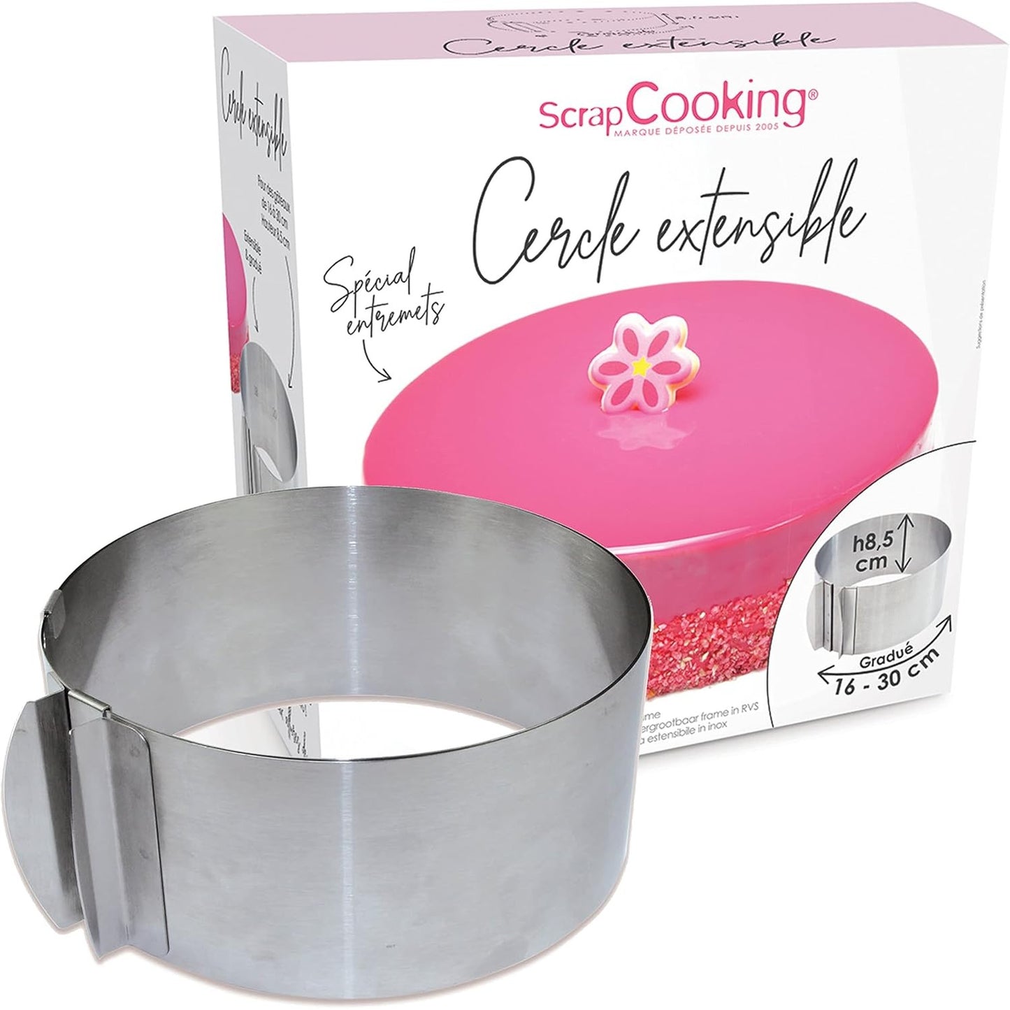 196261 - SCRAPCOOKING - Unazë Zgjeruese për Brumëra, prej Çeliku Inoks, Diametër i Rregullueshëm 16-30 cm, Formë Rrumbullakët, e Përshtatshme për Torta dhe Embëlsira të Mëdha, Modeli 1912