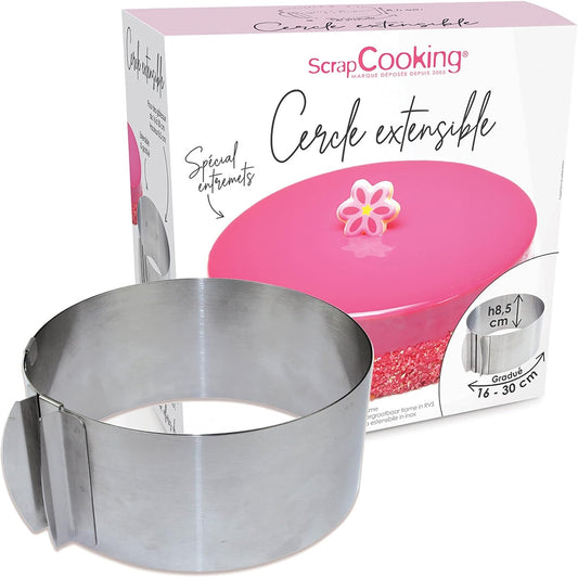 196261 - SCRAPCOOKING - Unazë Zgjeruese për Brumëra, prej Çeliku Inoks, Diametër i Rregullueshëm 16-30 cm, Formë Rrumbullakët, e Përshtatshme për Torta dhe Embëlsira të Mëdha, Modeli 1912