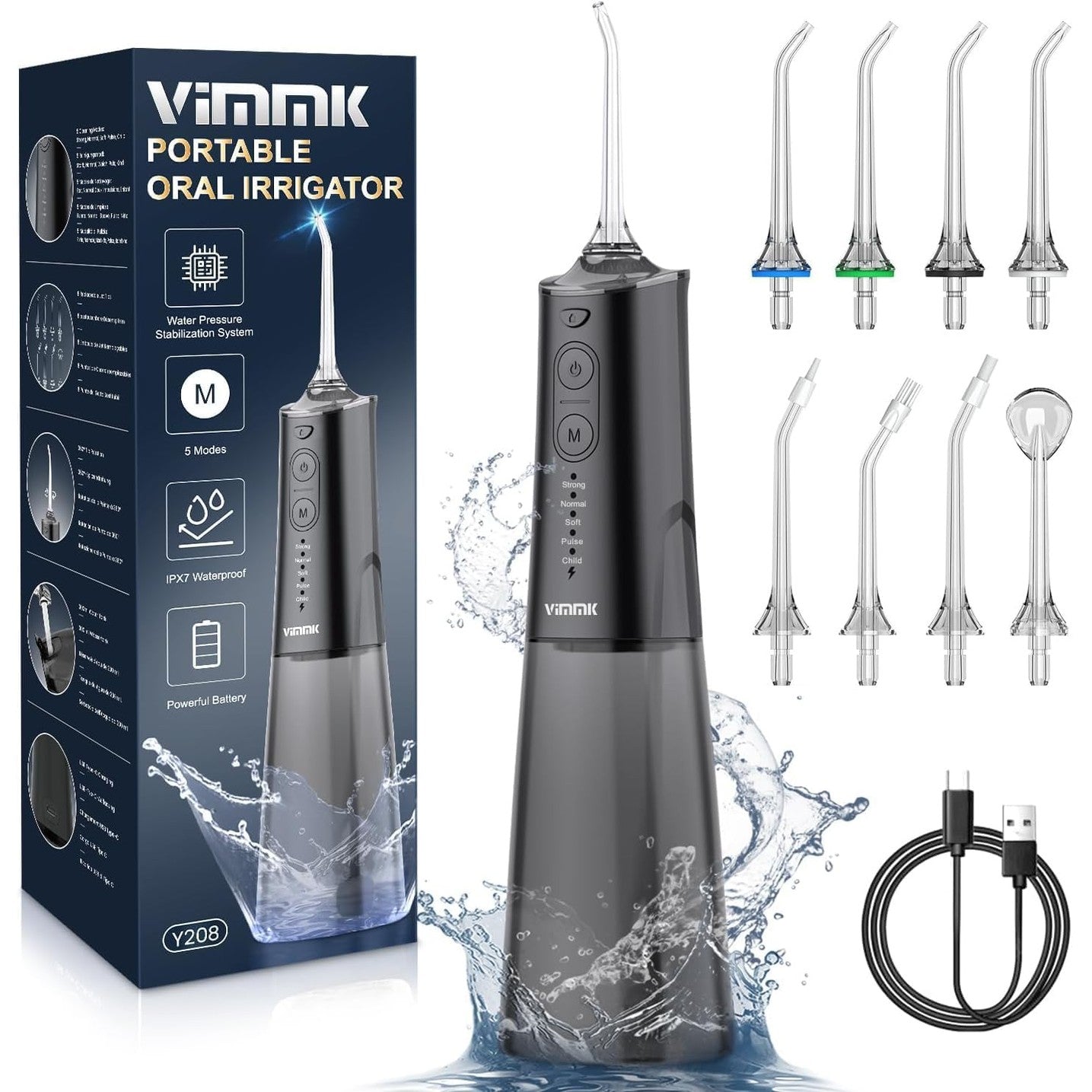 316466 - VIMMK Ujitës Elektrik pa Tel për Ujitje Orale me 5 Mënyra & 8 Gryka, i Rikarikueshëm USB-C, IPX7 i Rezistueshëm ndaj Ujit, Rezervuar Uji 300ML (i Zi)
