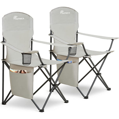 293640 - SUNMER Karrige kampingu të palosshme, Set prej 2, Karrige të lehta për jashtë, mbështetëse krahësh, mbajtëse gotash, kapacitet 120 kg, Gri