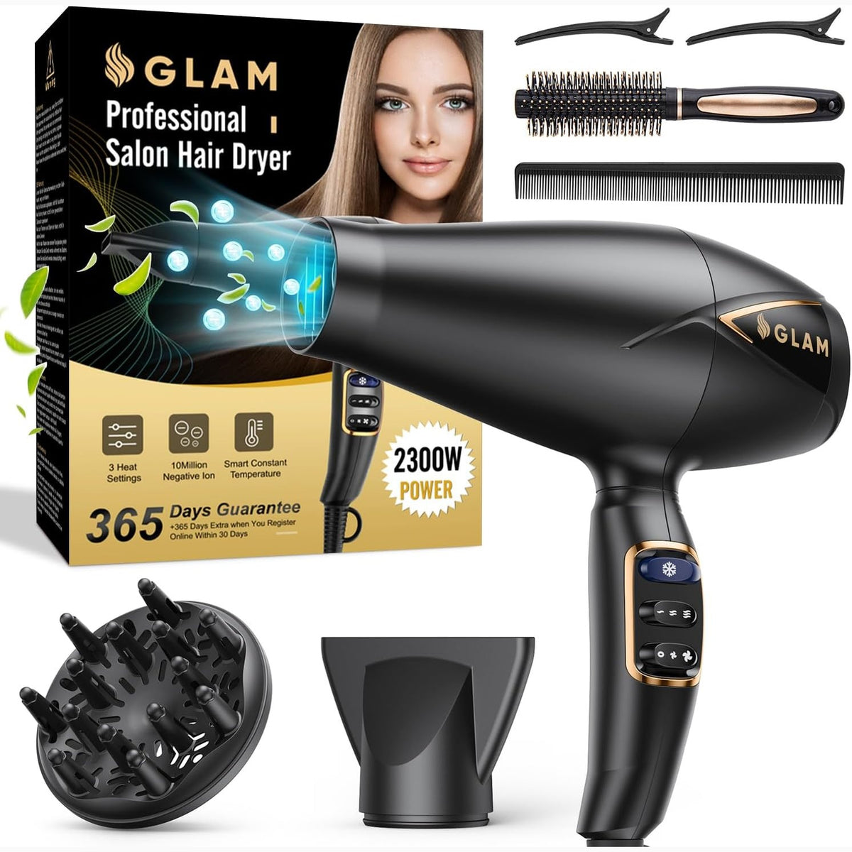 298048 - GLAM Tharëse flokësh 2300W, tharje e shpejtë, 2 shpejtësi, 3 cilësime nxehtësie, me difuzor dhe krehër përqendrimi