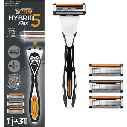 275864 - BIC Brisku për Burra Hybrid 5 Flex me Dorezë dhe 5 Tehe Titanium Nanotech - Kuti me 1+3 copë