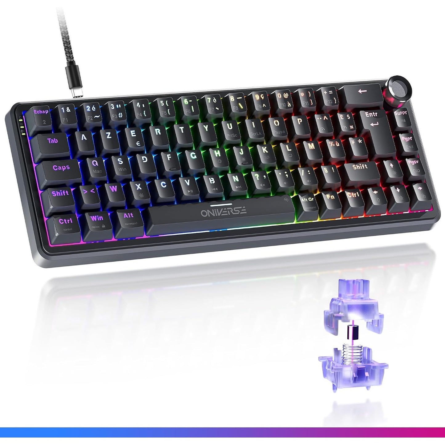 276314 - ONIVERSE Tastierë Magnetike për Lojëra me Tel, Shpejtësi Pulimi 8000 Hz, Kompakte 65% AZERTY, LED RGB, për PC/Mac/PS5 - Nocta e Zezë