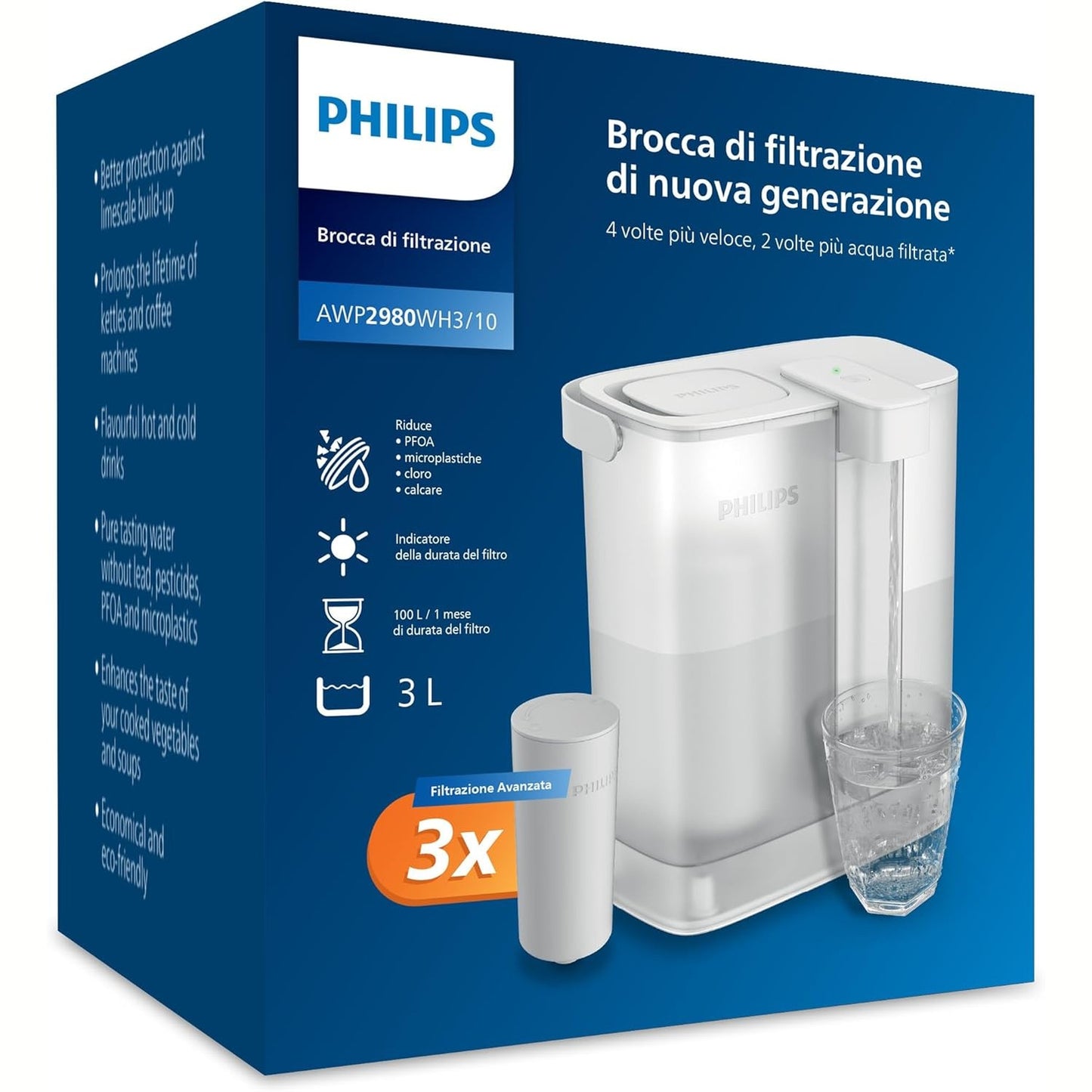 221355 - PHILIPS Filtër Uji me Kapacitet 3 L, 3× Filtër Taste+, Zvogëlon Klorin dhe Plumbin