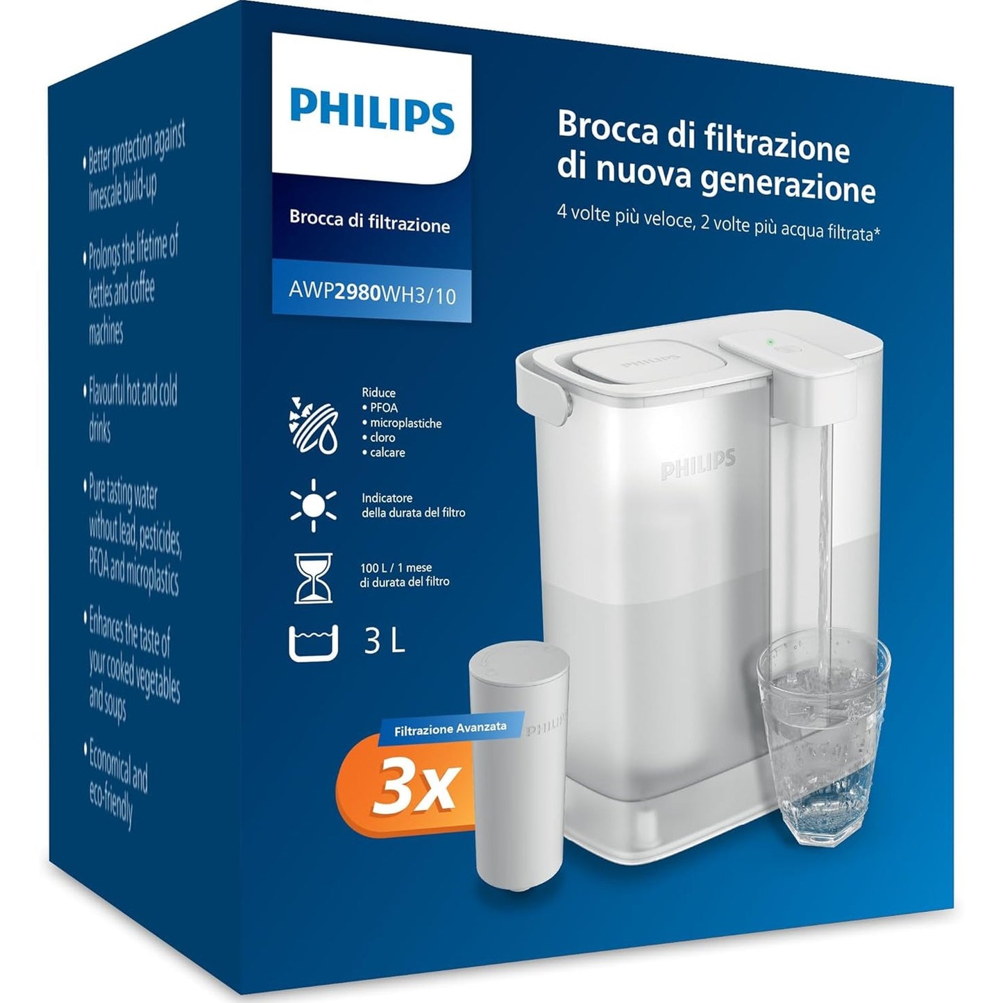 135208 - PHILIPS Kana me Filtër Uji, 3 L, me 3 filtra shije+, Zvogëlon Klorin dhe Plumbin, Ruan Mineralet - Përmirëson Shijen e Ujit në Sekonda