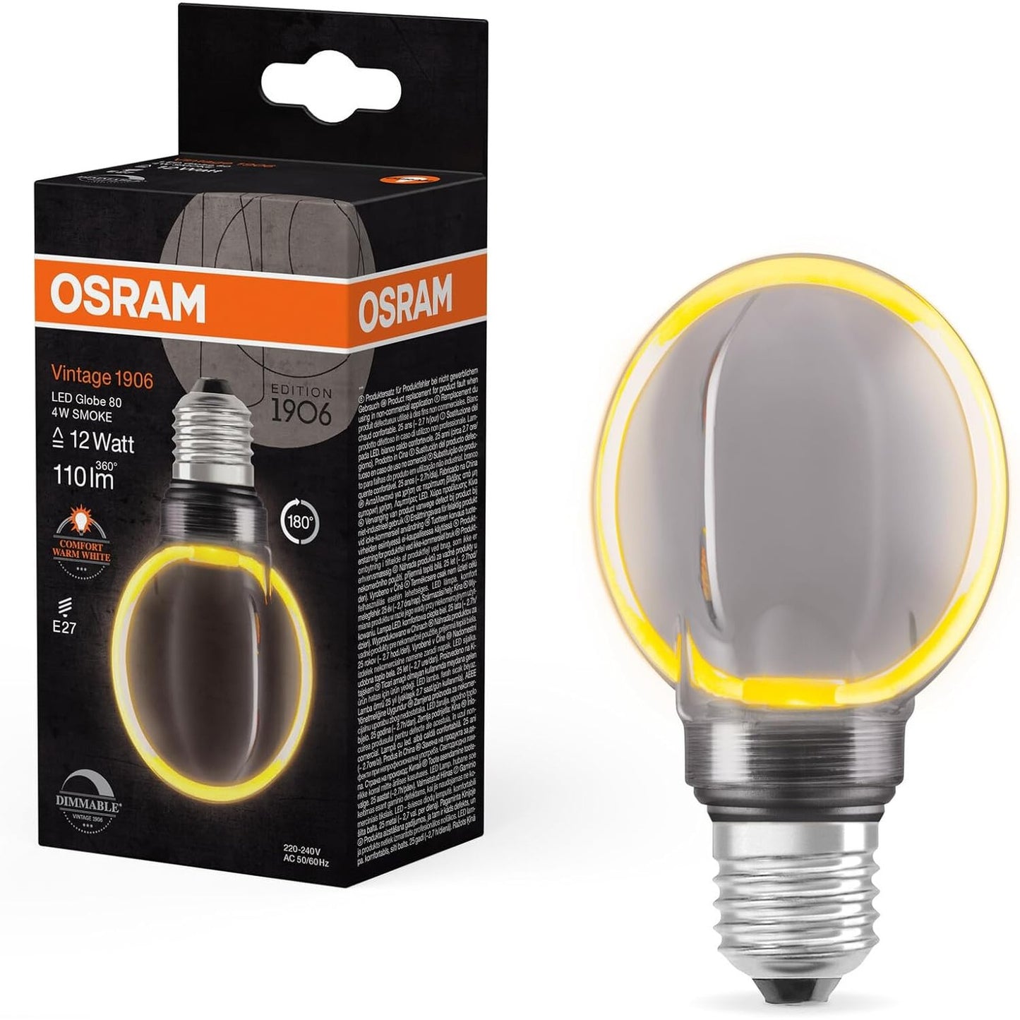 224646 - OSRAM LLAMBË ME FILAMENT VINTAGE 1906 GLOBE 80, 4W, 110LM, 1800K, 818 E BARDHË E NGROHTË, TYM, IP20, XHAM PA PLUMB, 80MM, PRIZË E27