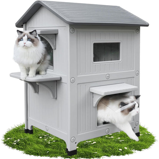 208084 - SHTËPI PËR MACE - 2-Katëshe, Plastike, e Papërshkueshme nga Moti me Derë Shpëtimi, Strehë e Madhe për Kafshë Shtëpiake të Vogla dhe të Mesme