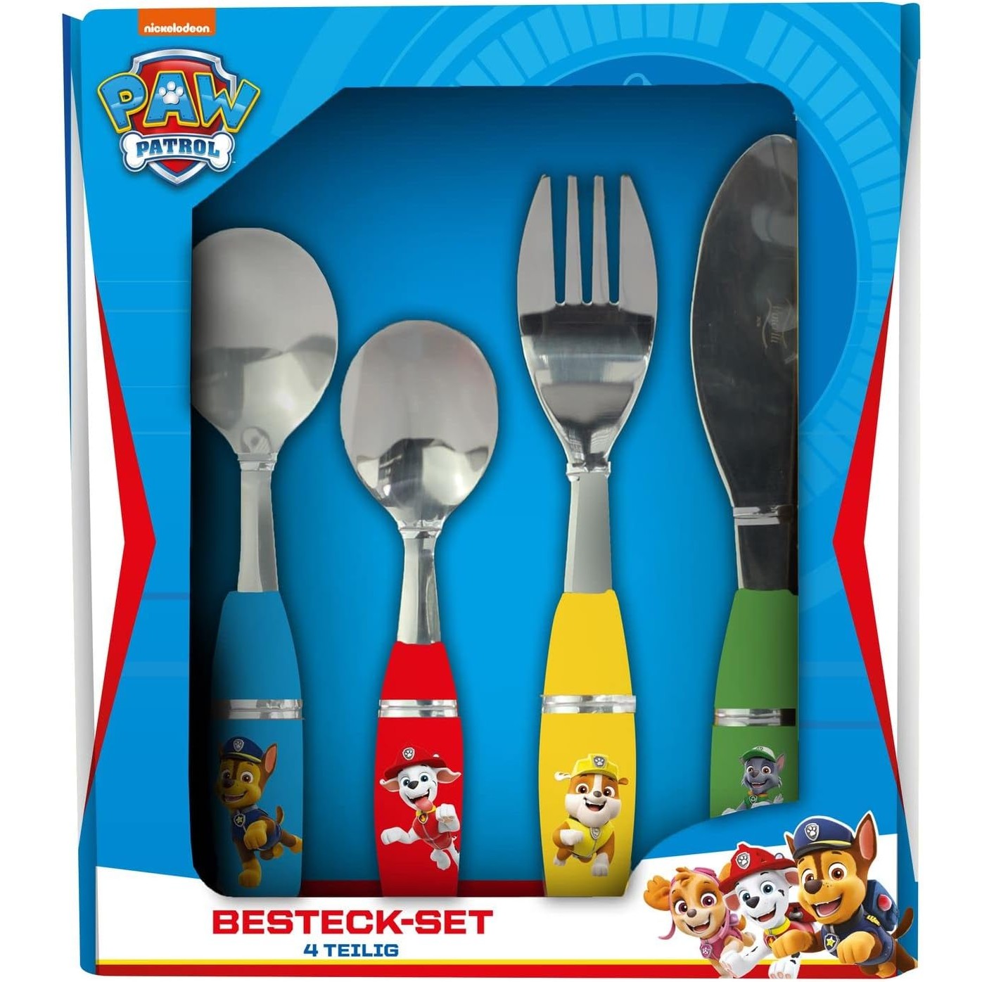 162983 - PAW PATROL 33789 - Set 4-pjesësh takëm për fëmijë prej çeliku inox me doreza plastike, përfshirë thikë, pirun, lugë supe dhe lugë ëmbëlsire