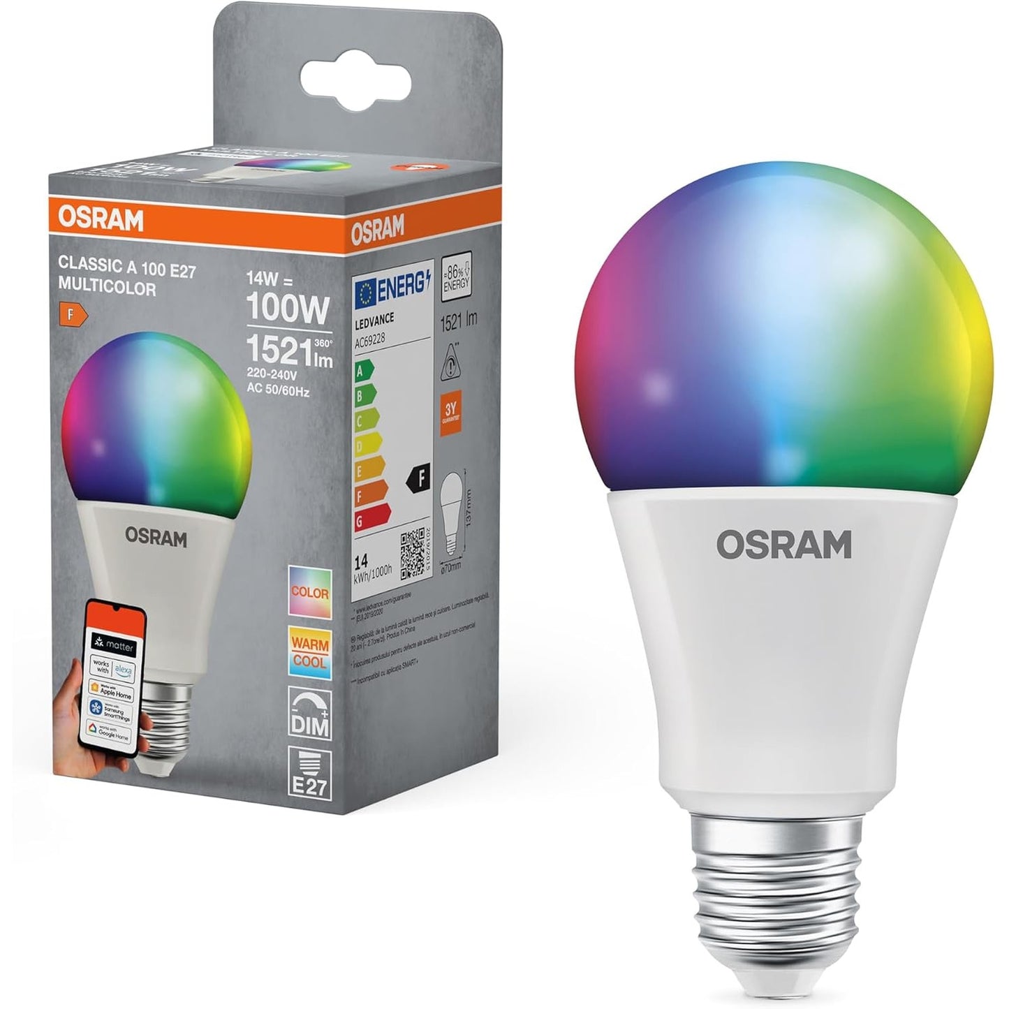 293826 - OSRAM SMART+ RGBW, llambë LED E27 me Matter over Wifi, ekuivalente me 100W, 2700-6500K, 16 milionë ngjyra RGB, 1 pako