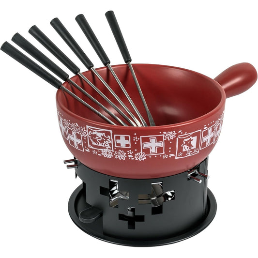 260093 - KUHN RIKON Set për Fondue Djathi, e kuqe, Ø 23 cm, 2.6 litra, ideale për 4-6 persona, përfshin 6 pirunë, mbështetëse dhe ndezës