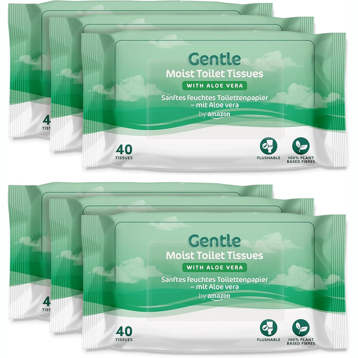 302558 - AMAZON Letër higjienike e butë me lagështirë dhe aloe vera - 240 copë (6 pako me 40 fletë secila)