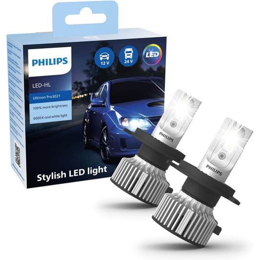 163361 - PHILIPS Ultinon Pro3021 - Llambë LED për makinë (H4), e bardhë e ftohtë 6000K, pako me dy pjesë