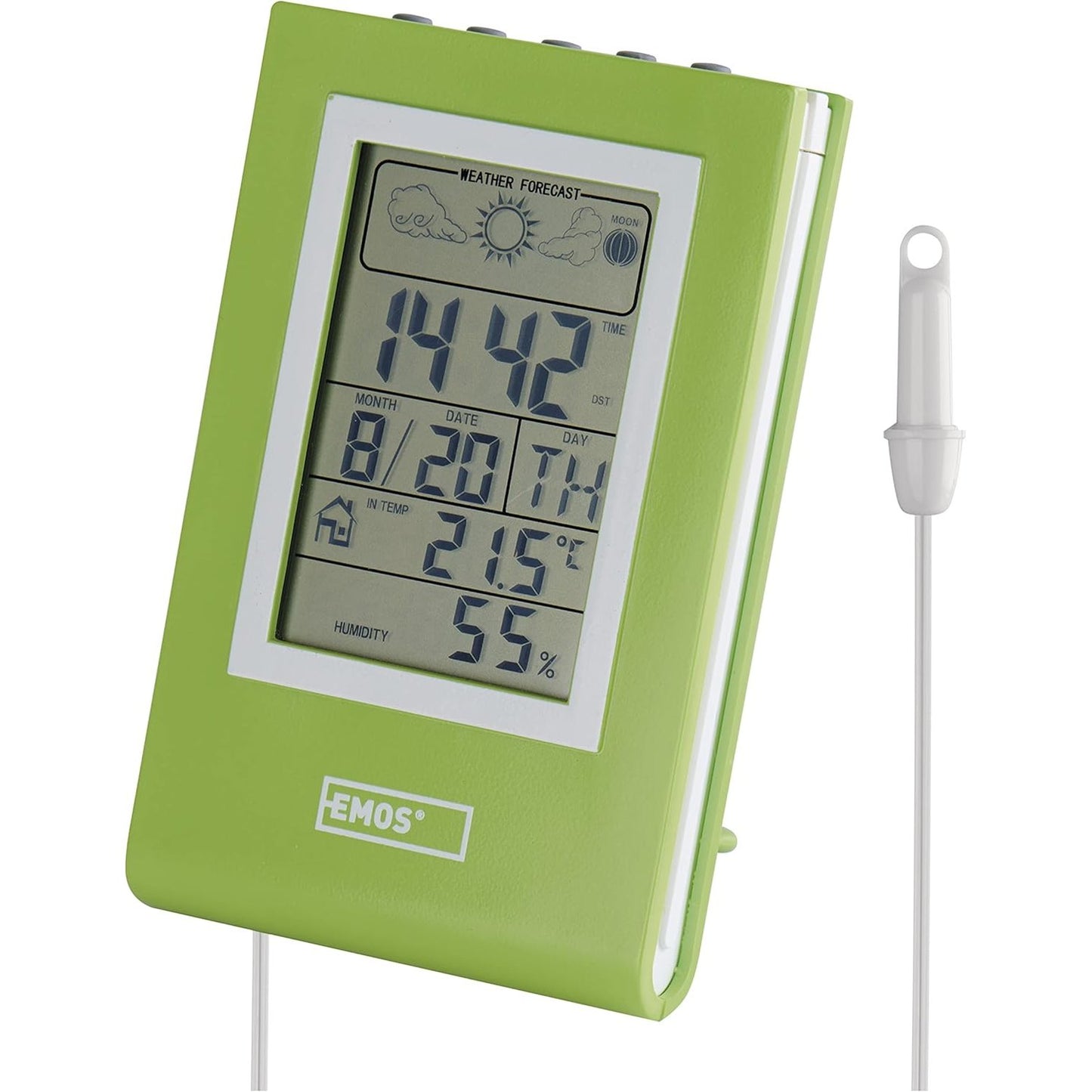 168895 - EMOS Stacioni Meteorologjik Dixhital me Termometër të Jashtëm dhe të Brendshëm, Sensor me Kabllo 1.9 m, Parashikim Moti, Datë, Ora, Fazat e Hënës, Alarm, Funksion me Bateri, Ngjyra Jeshile