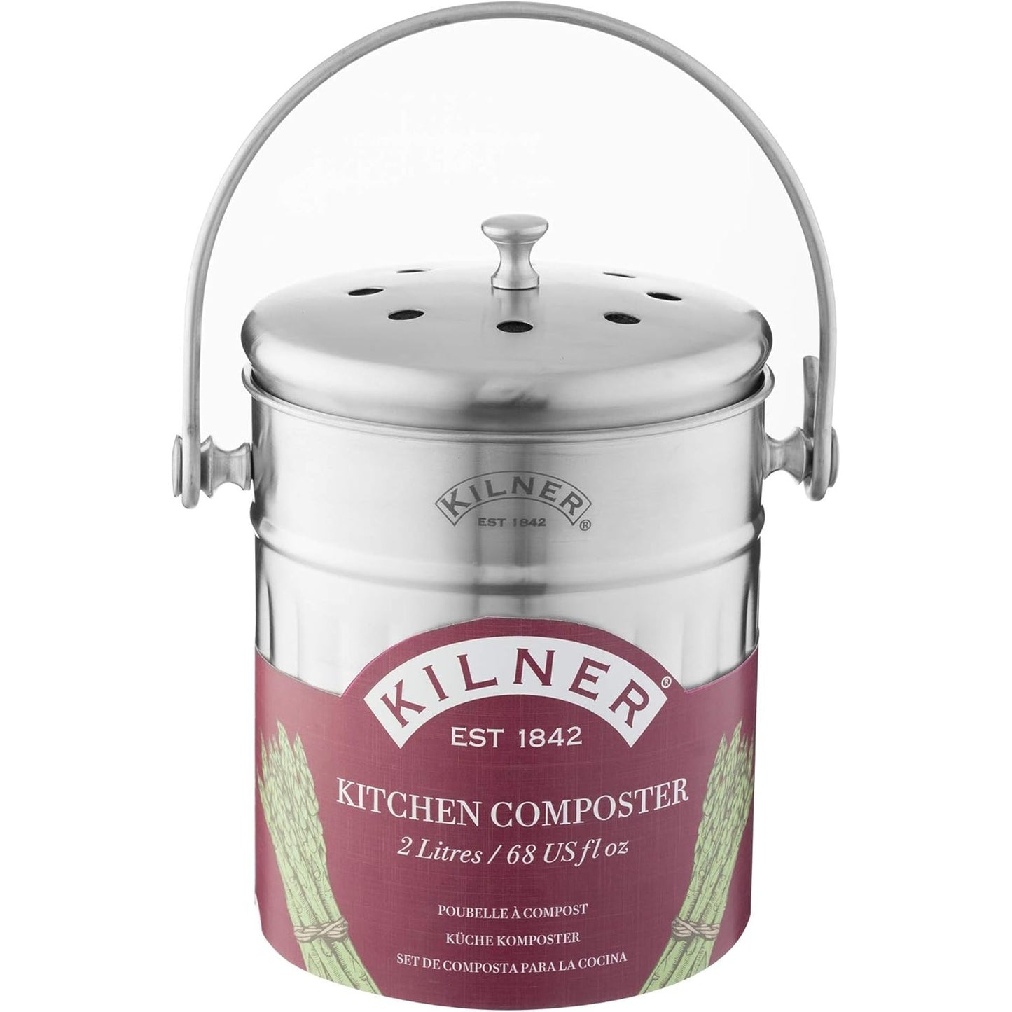 221848 - KILNER Kompostues Kuzhine prej Çeliku Inoks | Kosh Mbeturinash Organike 2 Litra | 17.5 x 14.5 x 20 cm | Kapak me Vrima Ajri dhe Filtër të Integruar të Karbonit të Aktivizuar