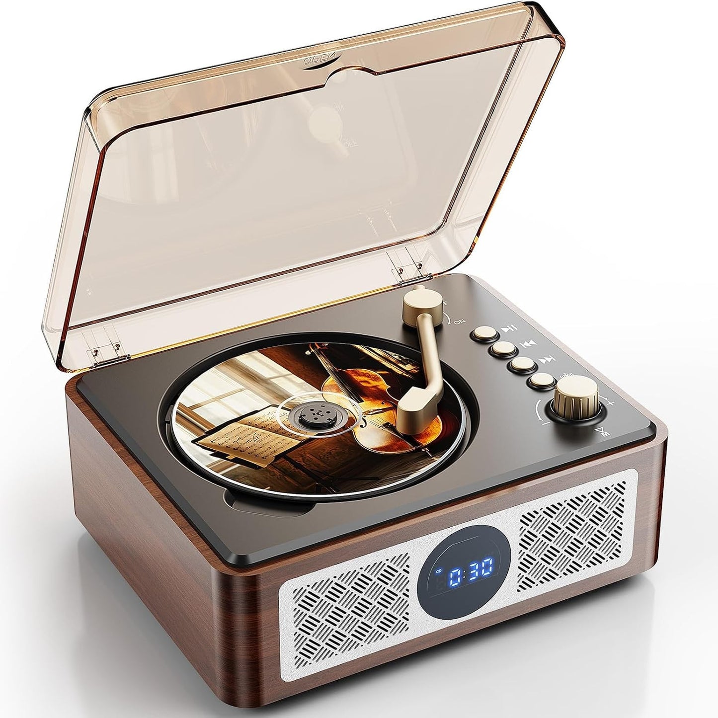 267999 - LEHWEY CD player portativ Bluetooth me altoparlant, CD player me radio FM, mbështet riprodhimin USB/AUX, me telekomandë, mbulesë pluhuri (druri)