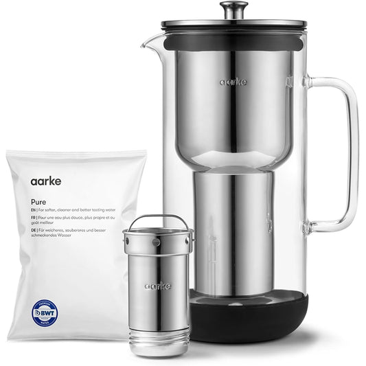 183047 - AARKE - Enë Filtri për Ujë Pastrues, Kapacitet 1.2L / 5 Filxhanë, Material Qelq & Çelik Inoks, Përfshirë Qesen e Mbushjes së Filtrit Pure