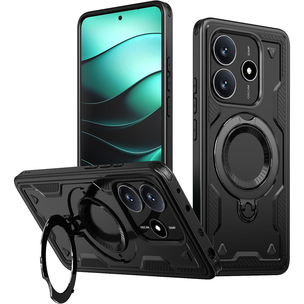 305625 - MBULESE PANXCASE për Xiaomi Poco X7 Pro 5G - Mbajtëse unaze metalike ushtarake, mbrojtëse magnetike ushtarake që rrotullohet 360°, rezistente ndaj goditjeve (e zezë)