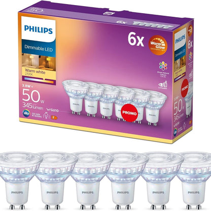214857 - Llambat Philips LED Classic GU10 me Ndriçim të Ngrohtë, pako me 6 llamba (50 W), reflektorë LED me dritë të ngrohtë të bardhë, llamba kursimi energjie me jetëgjatësi të gjatë, me Ndriçim të Ngrohtë me Ndriçim të Ngrohtë, të errësueshme
