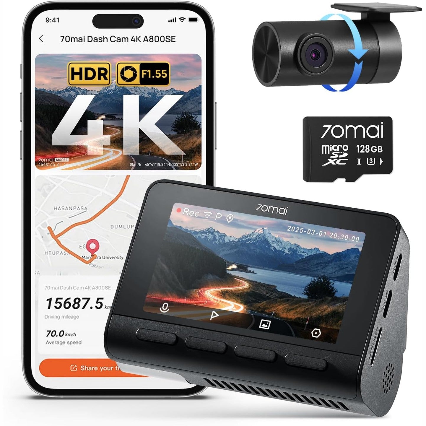 276105 - 70MAI Kamera e makinës A800SE 4K+1080P GPS WiFi, Dy kamera, 128GB SD, F1.55, HDR, Shikim nate, ADAS, Ekran 3", Mbështet deri në 512GB