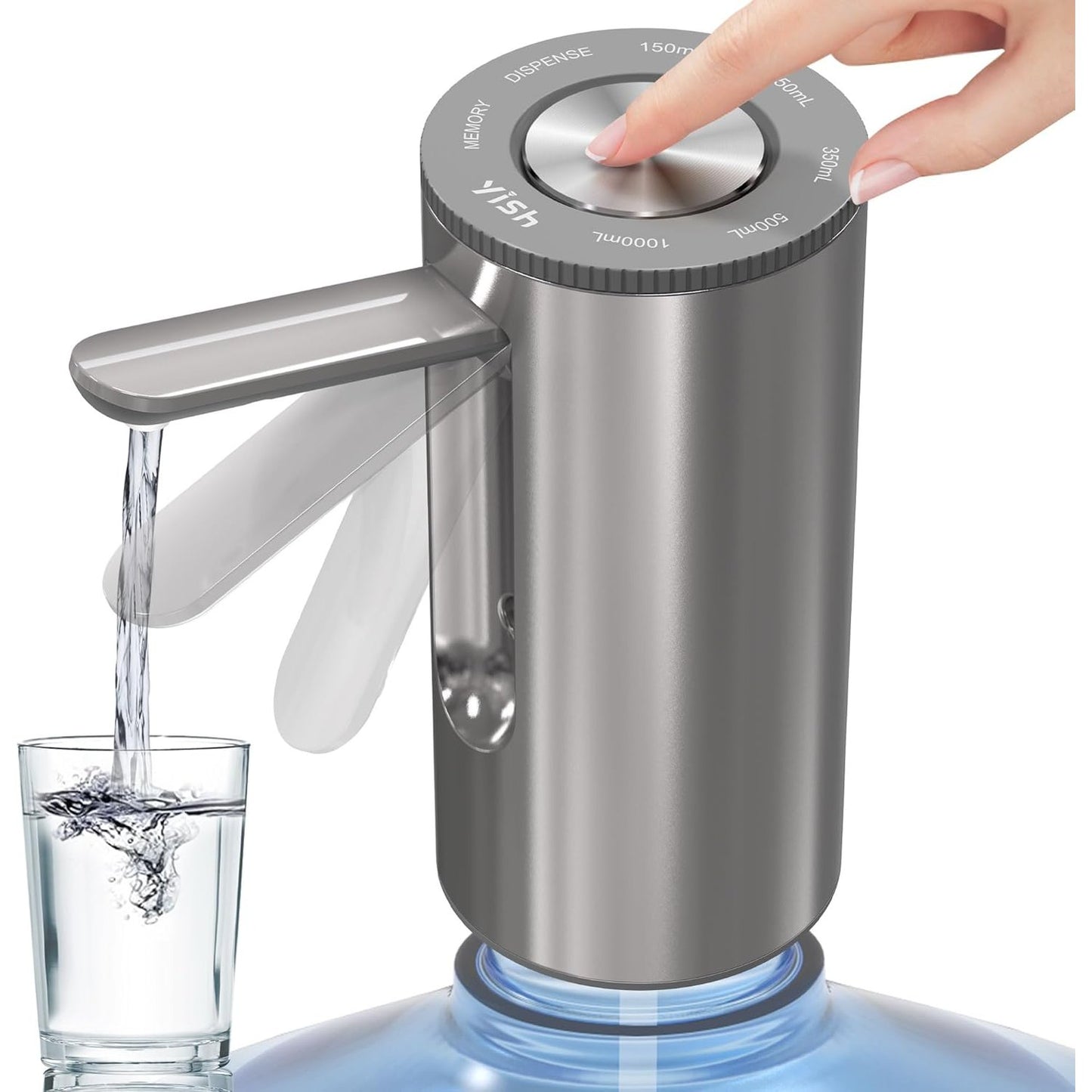 214605 - YISH Pompë për shishe uji, pompë shpërndarëse uji 5 gallonëshe, portative me prizë uji të palosshme, mbështet karikimin USB, shpërndarës automatik uji me 2 adaptorë