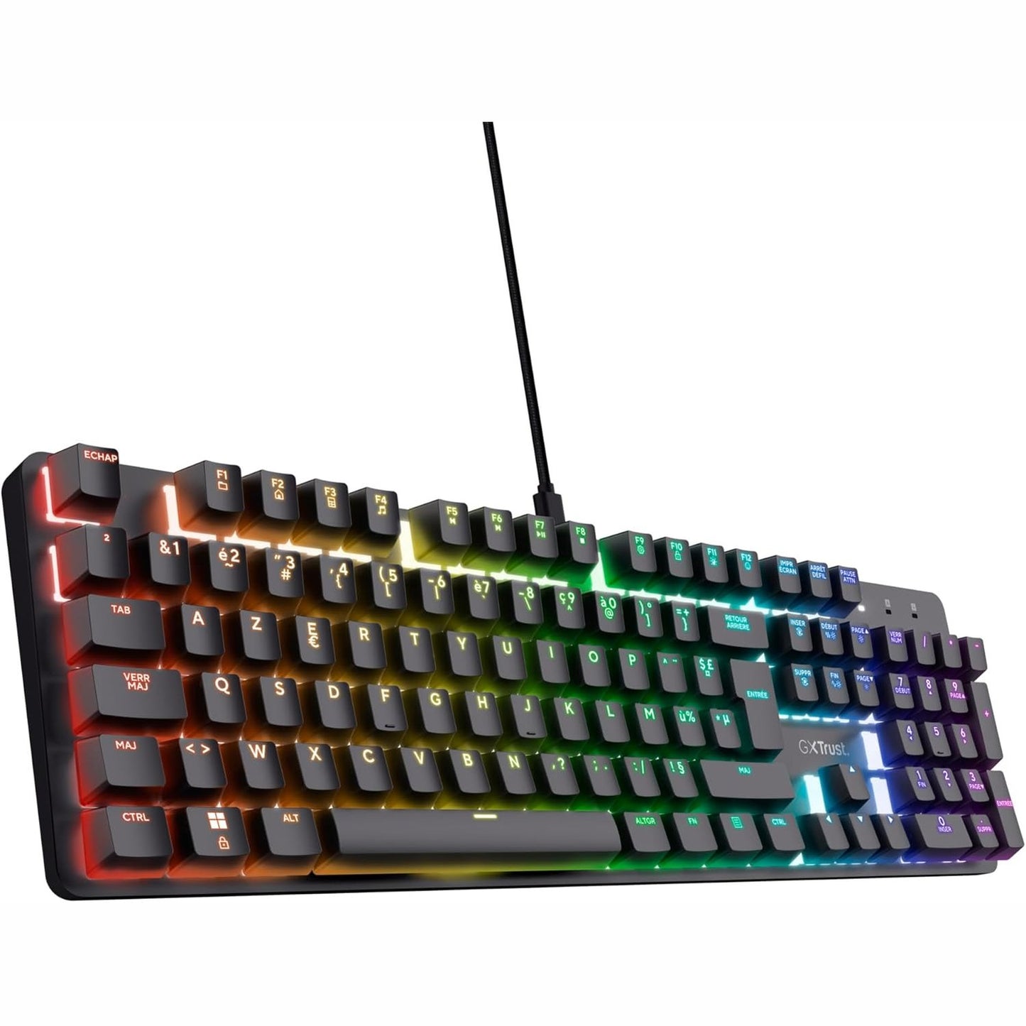 188965 - TRUST GAMING - Tastierë Mekanike GXT 871 Zora, Layout AZERTY, Ndriçim RGB, Çelësa Linearë Huano, Rollover N-Tast Anti-Ghosting, Përdorim për PC dhe Laptop, Ngjyrë e Zezë