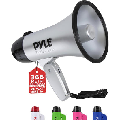 268901 - PYLE Altoparlant Portativ me Megafon dhe Sirenë - Megafon kompakt me bateri, 20 vat, mikrofon, 2 mënyra, sistem zëri PA dhe dorezë të palosshme