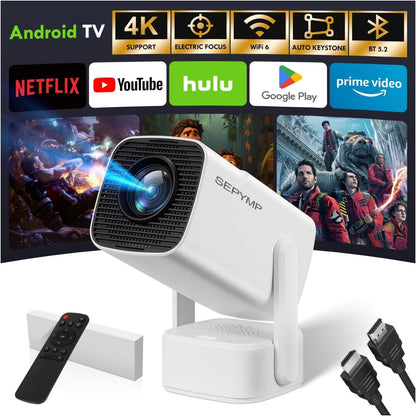 319624 - SEPYMP Projektor Portativ, Mini Projektor i Përmirësuar, 4K Ultra HD 1080P, Android 13, WiFi 6, Bluetooth 5.2, Bazë Zëri e Integruar, i pajtueshëm me TV Box/PS5/PC